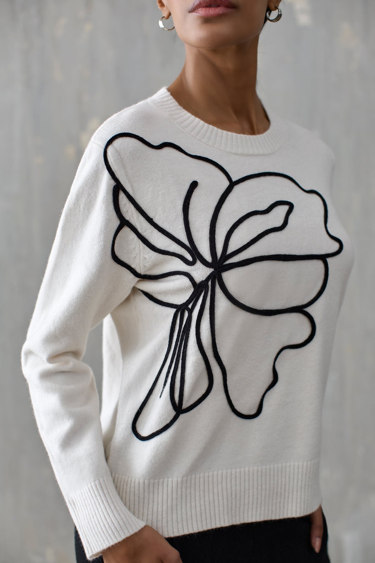 Abstract Floral Knit Sweater White