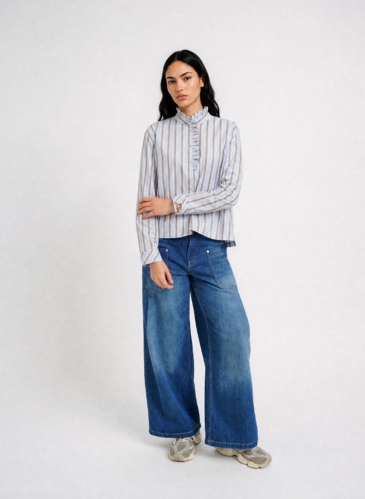 Striped Ruffle Blouse Light Blue Print