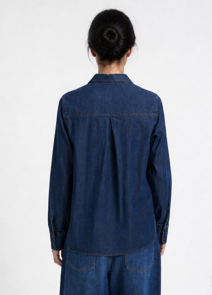 Lyocell Denim Shirt Collar Blouse Dark Denim
