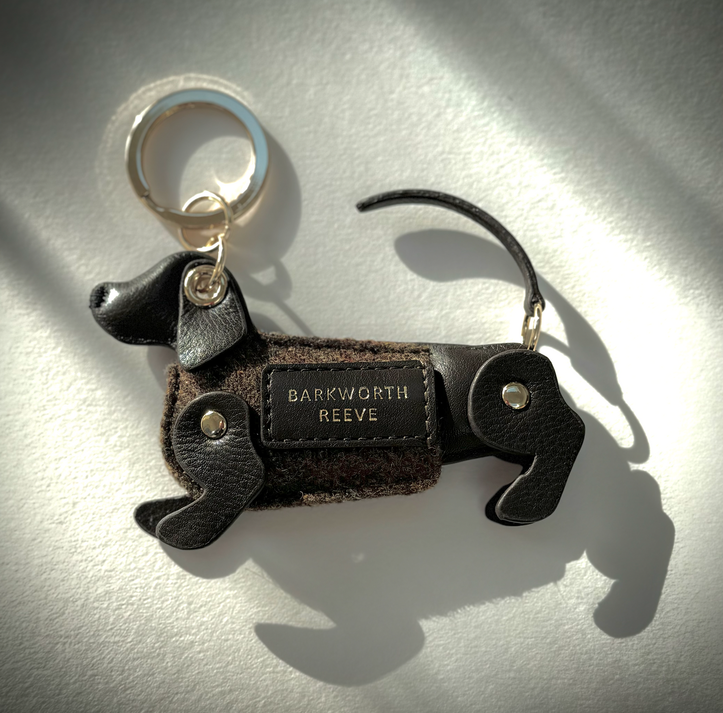 Sausage Dog Keyring Chocolate Leather & Brown Country Tweed