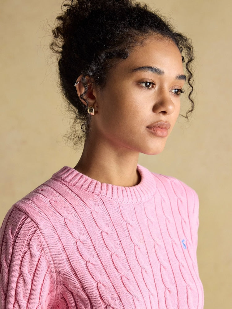 Classic Cable Pink Cotton Crew Neck Jumper