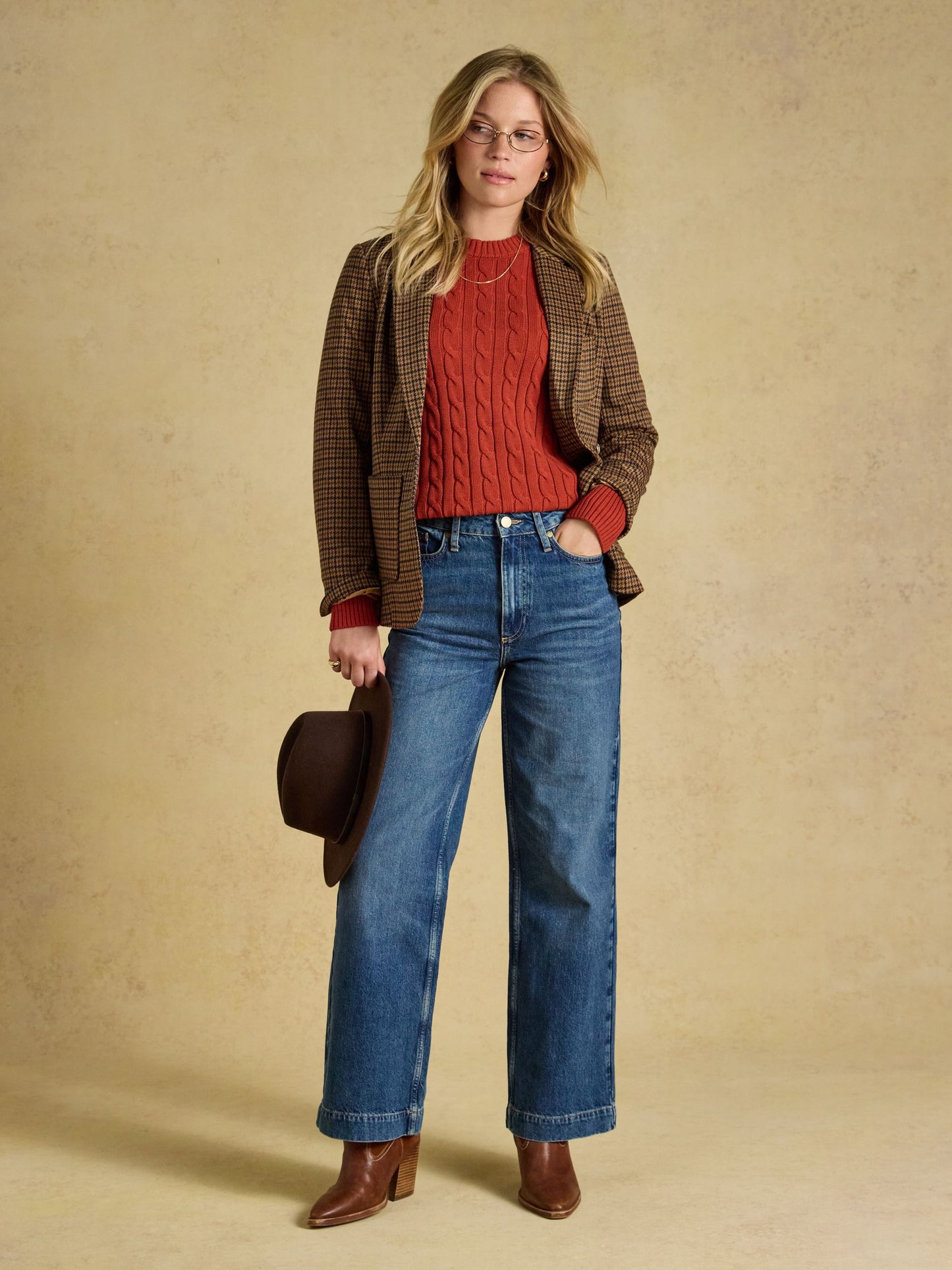 Burnt Orange Classic Crew Neck Cotton Cable Knit Jumper