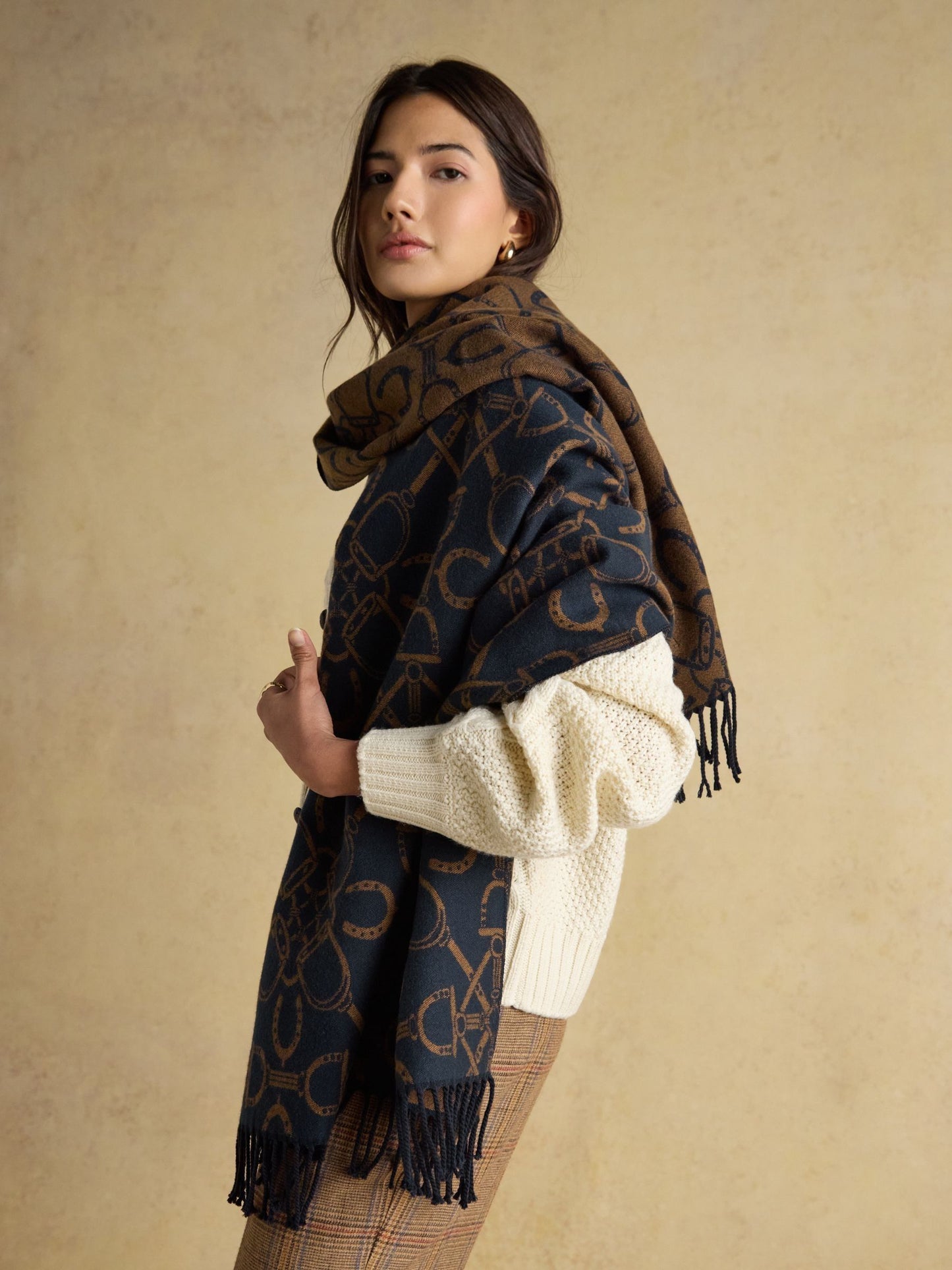 Elissa Navy/Tan Double-Sided Jacquard Scarf