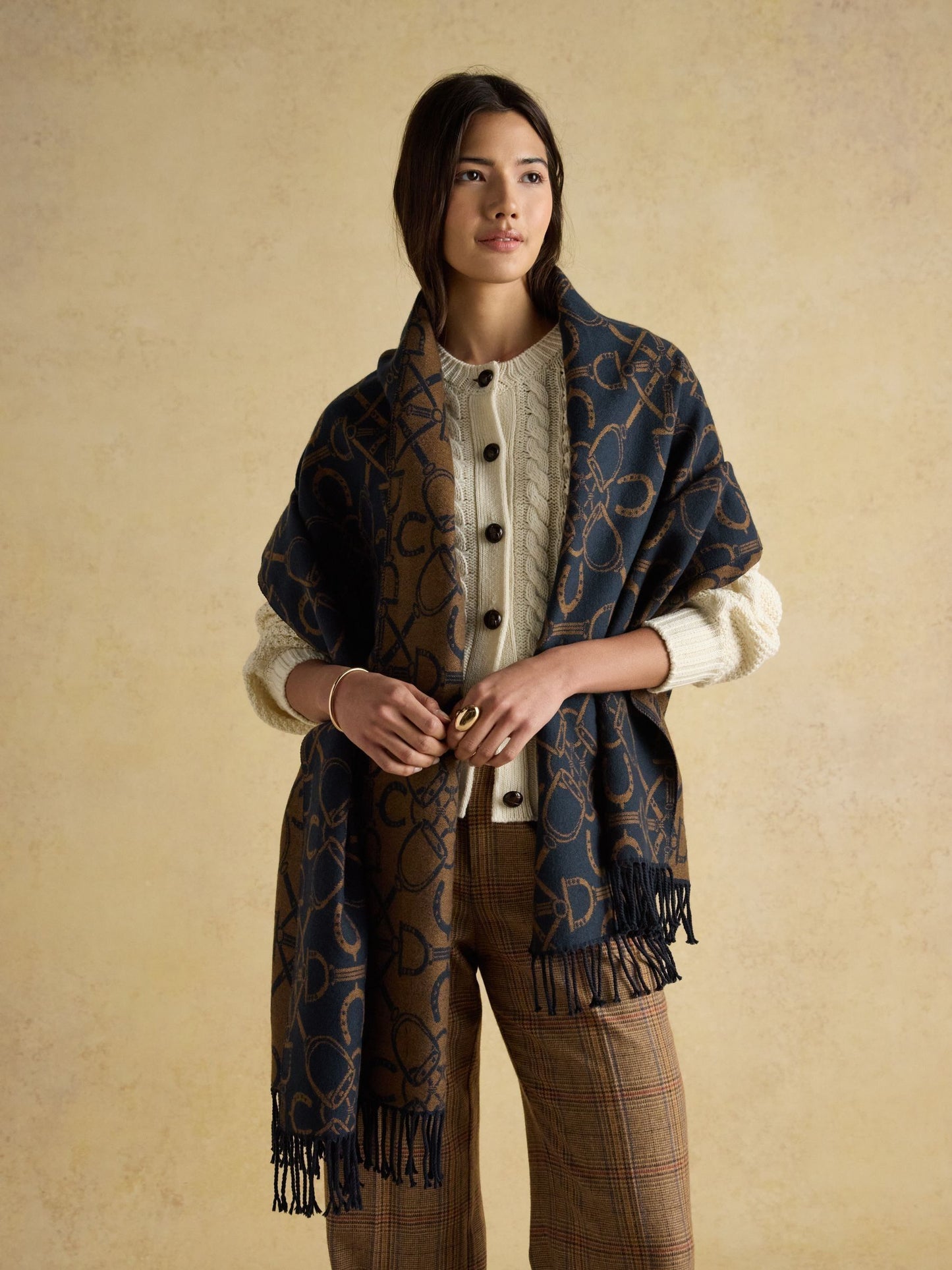 Elissa Navy/Tan Double-Sided Jacquard Scarf