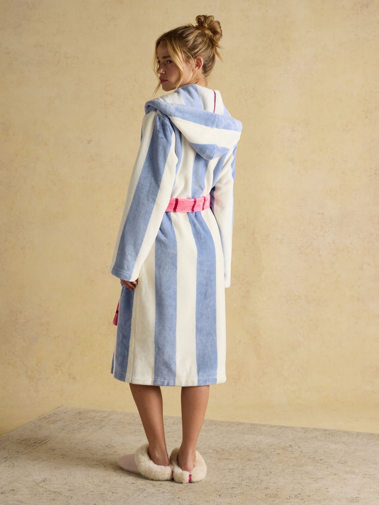 Luna Cream/Blue Stripe Fleece Dressing Gown with Hood