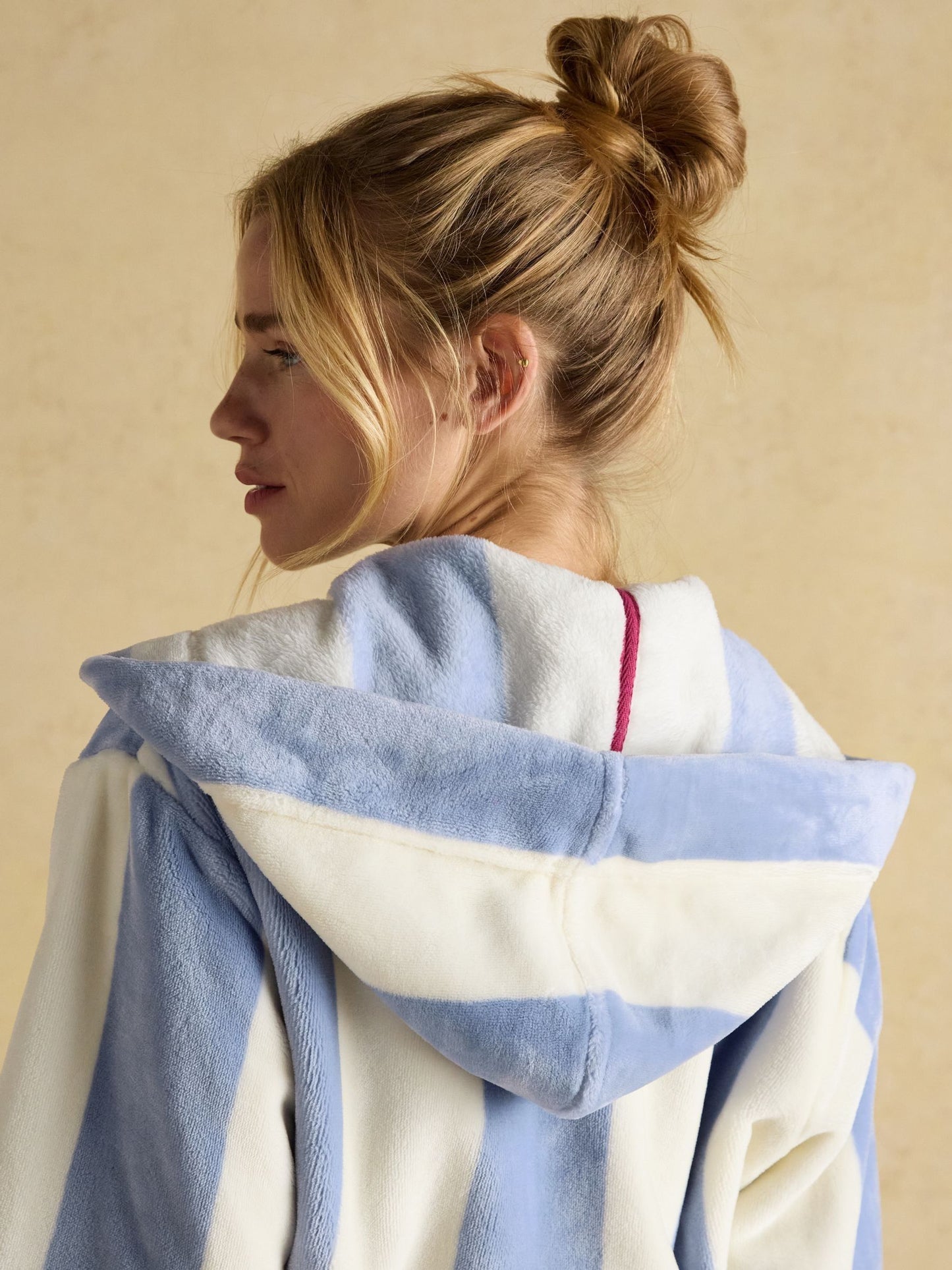 Luna Cream/Blue Stripe Fleece Dressing Gown with Hood
