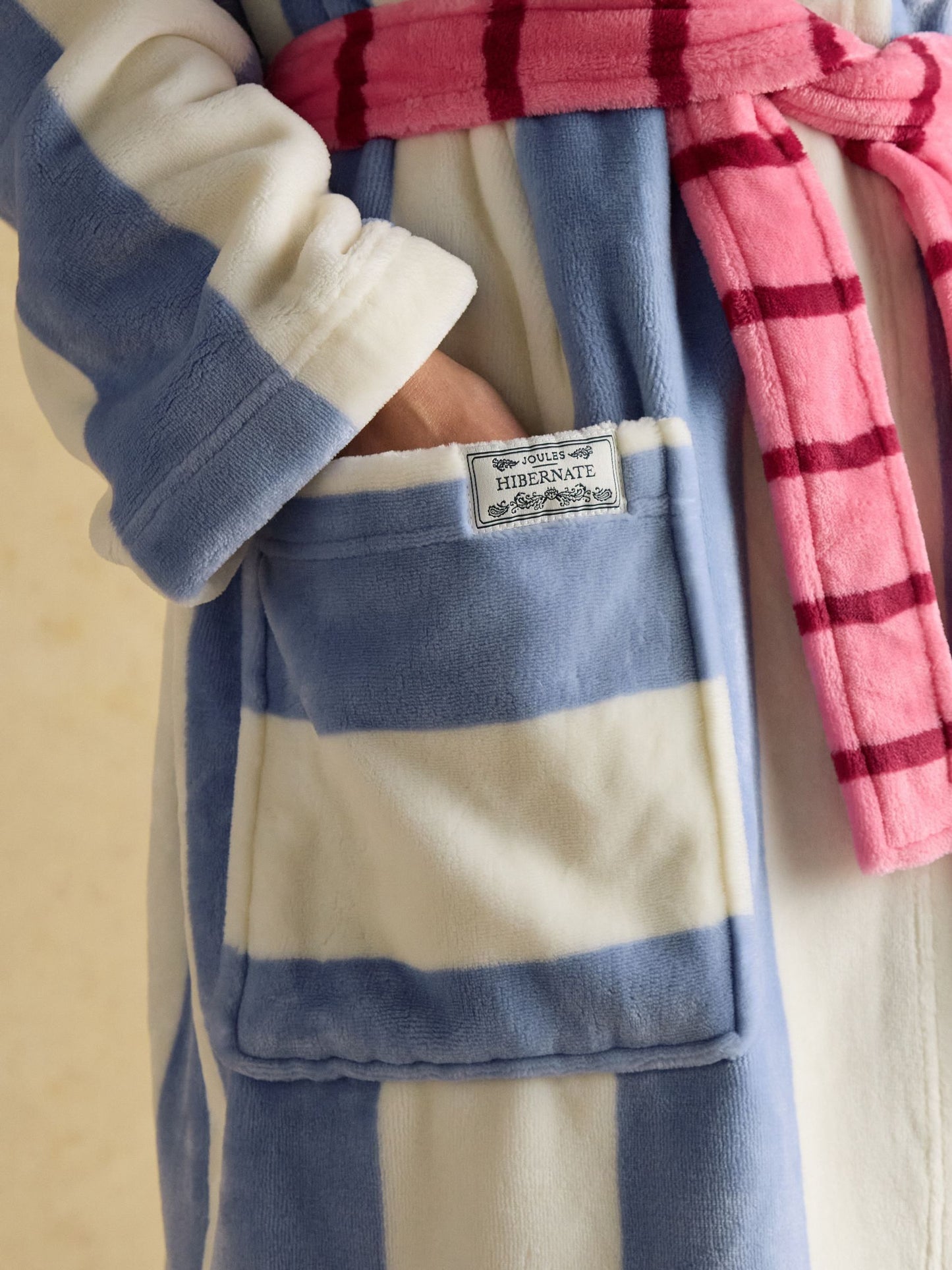 Luna Cream/Blue Stripe Fleece Dressing Gown with Hood