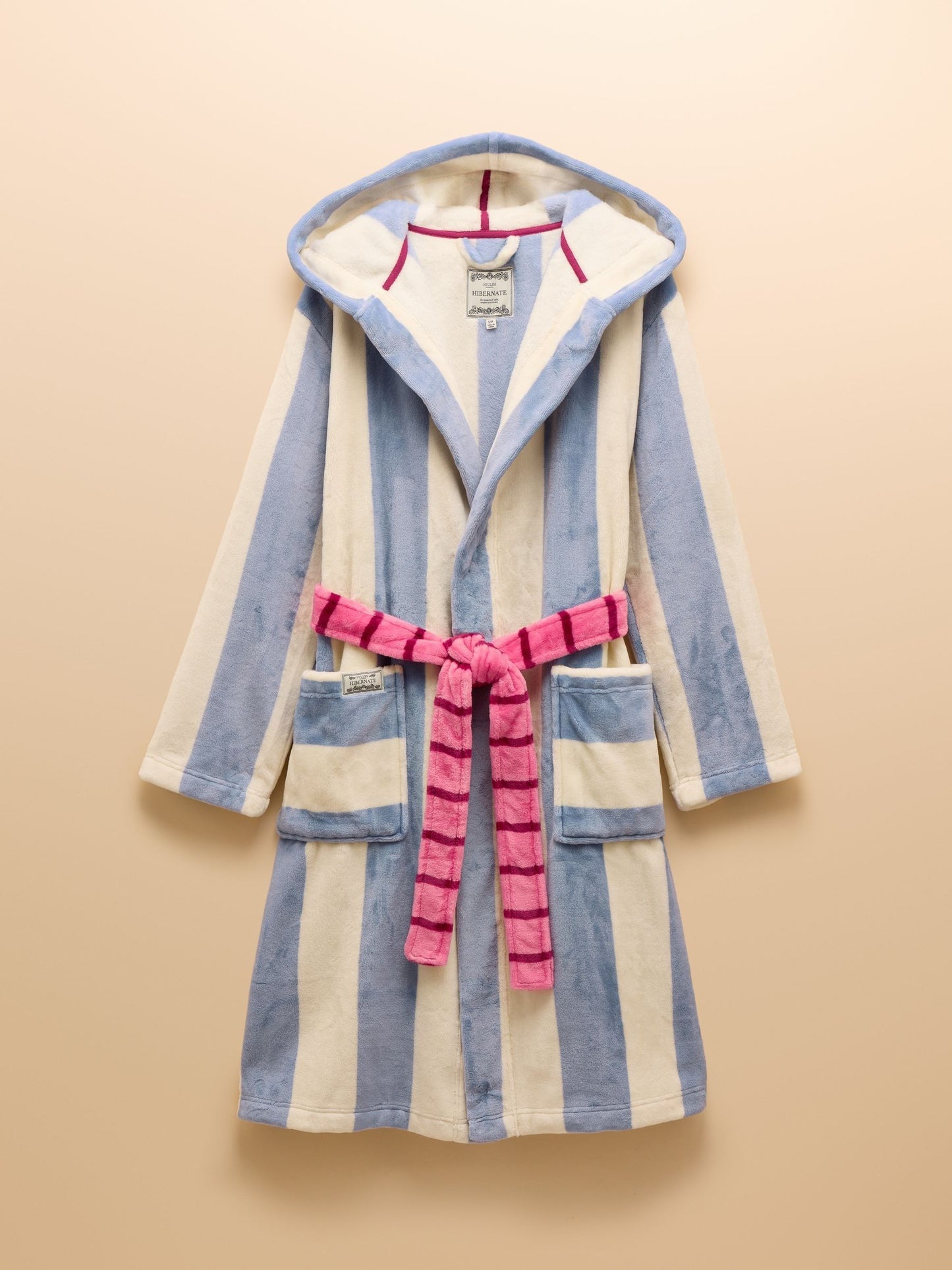 Luna Cream/Blue Stripe Fleece Dressing Gown with Hood