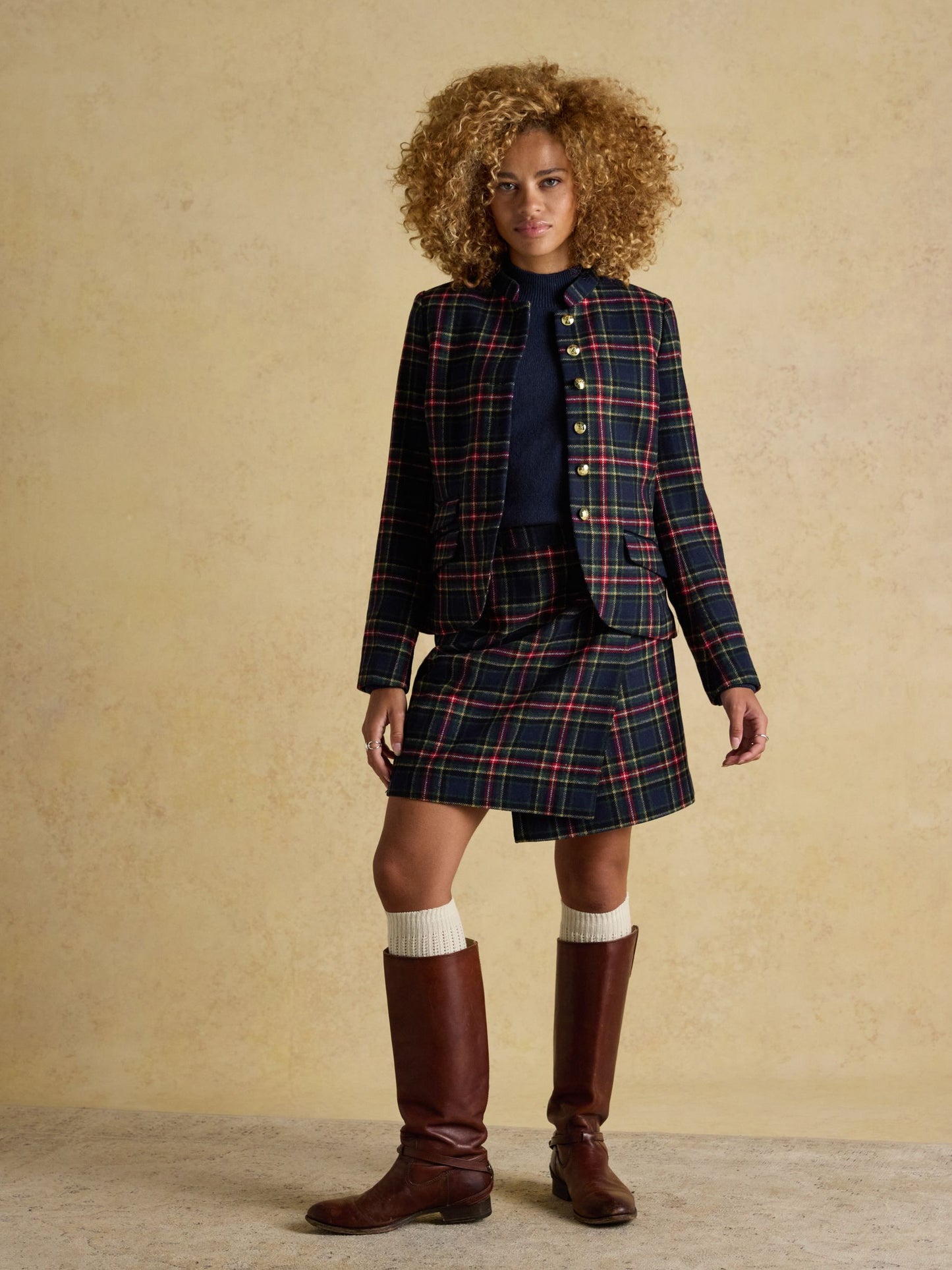 Enid Navy Cotton-Rich High Neck Jumper