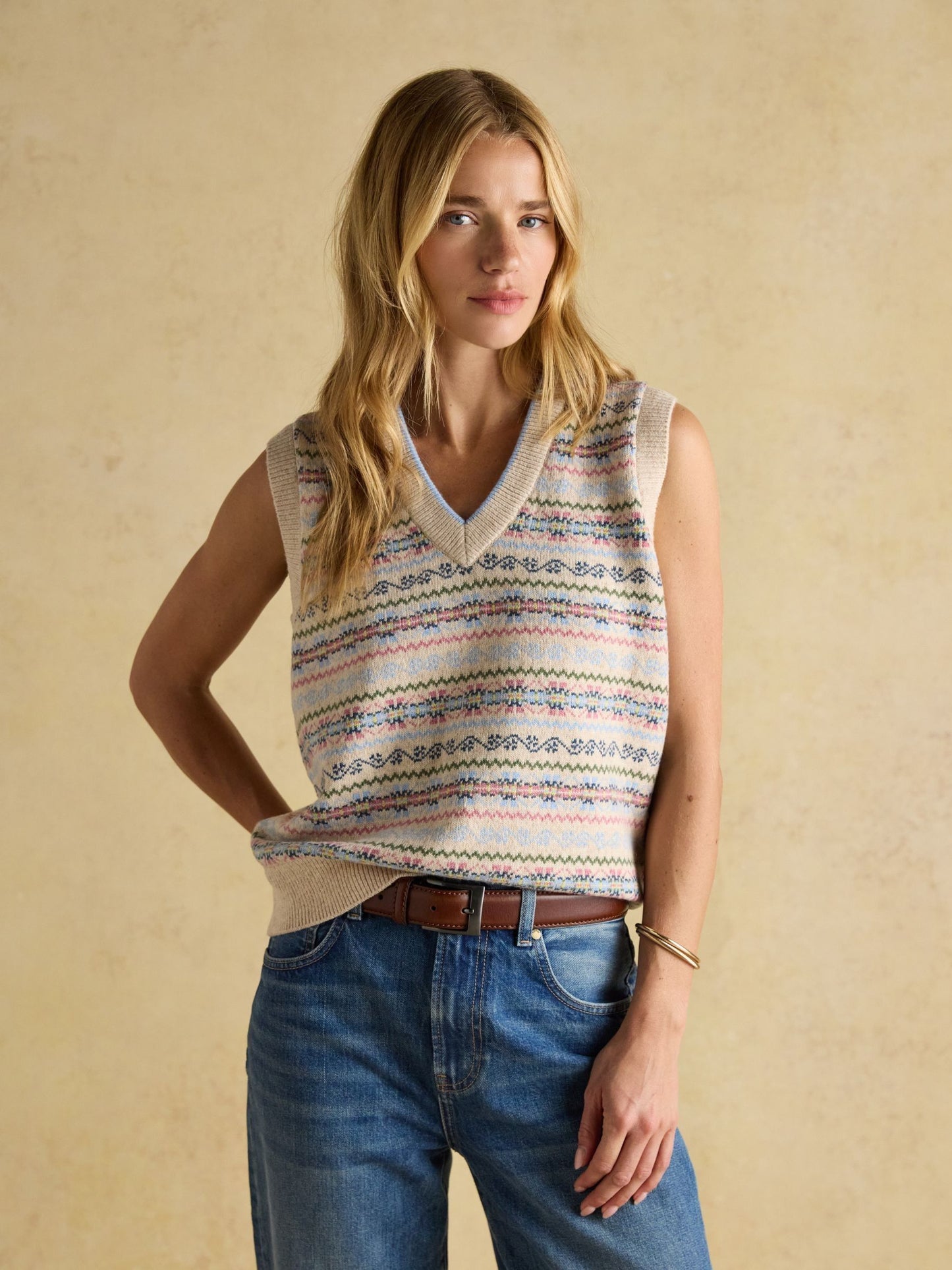 Islay Cream V Neck Fairisle Cotton Rich Vest