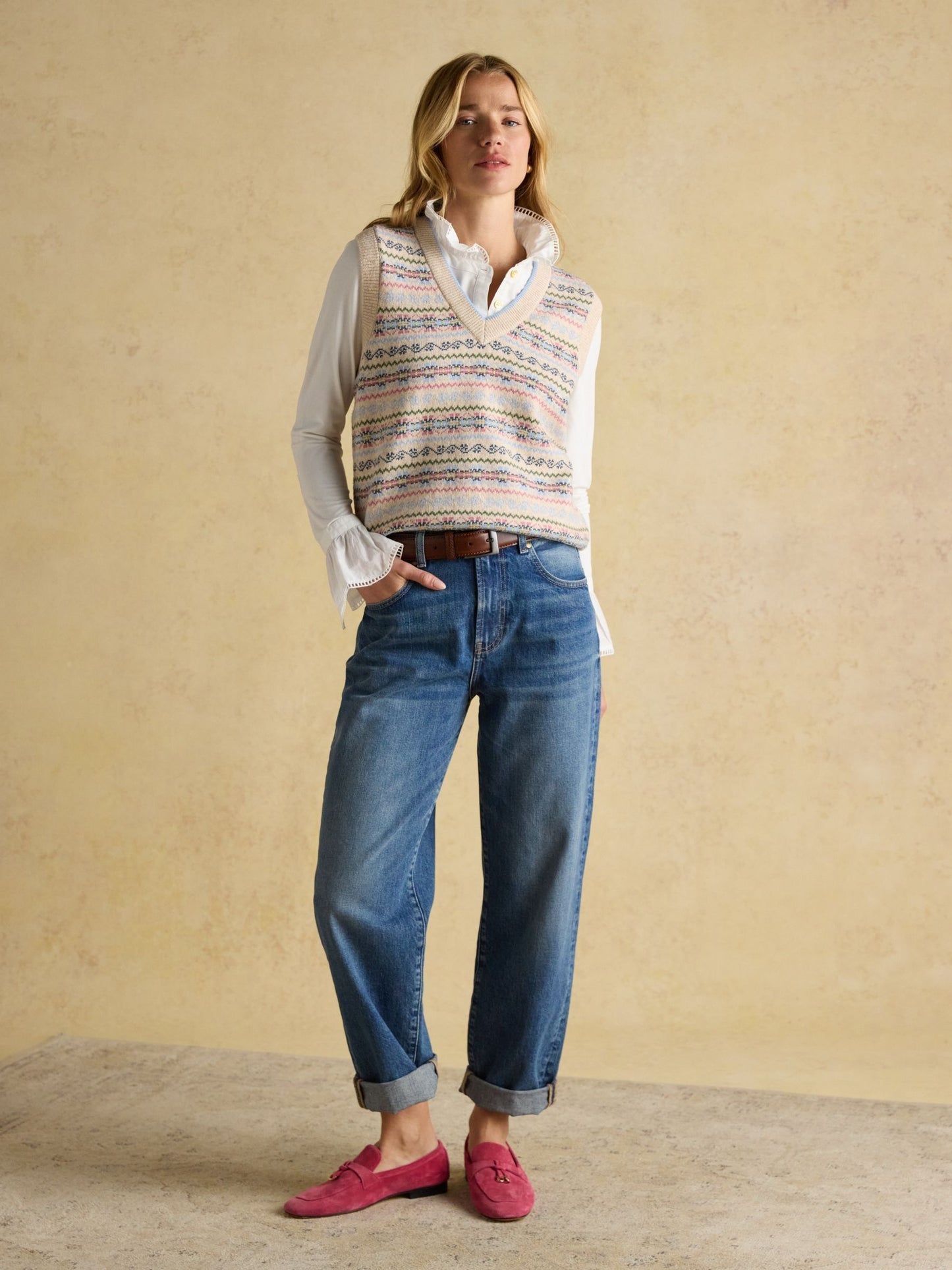 Islay Cream V Neck Fairisle Cotton Rich Vest