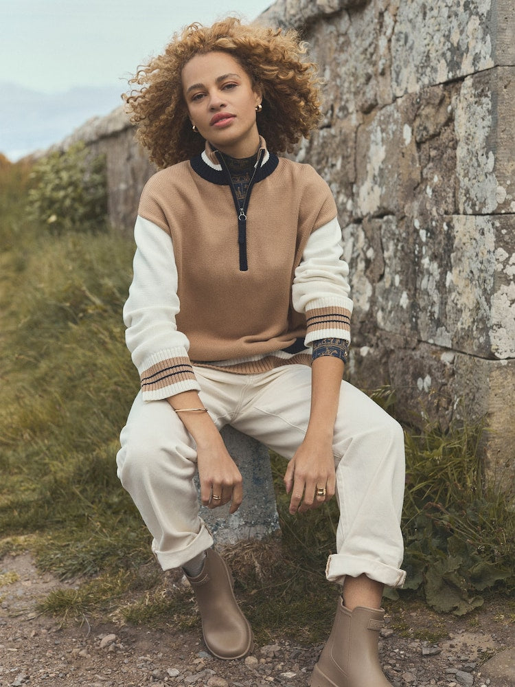 Varsity Brown/Cream Colourblock Quarter Zip Cotton Jumper