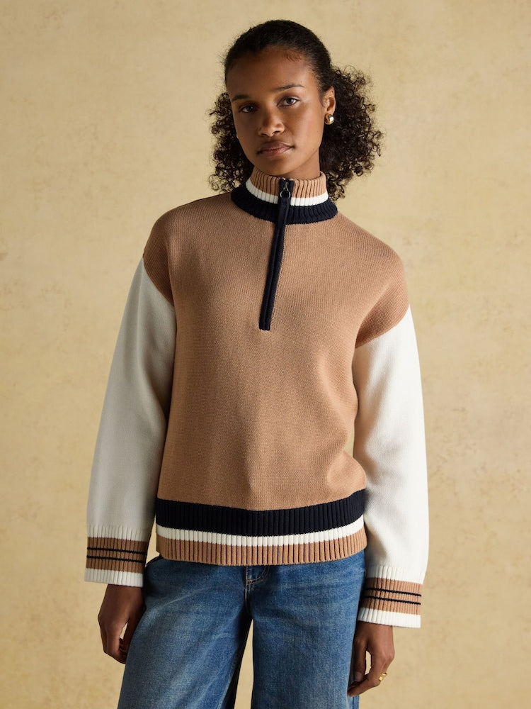 Varsity Brown/Cream Colourblock Quarter Zip Cotton Jumper