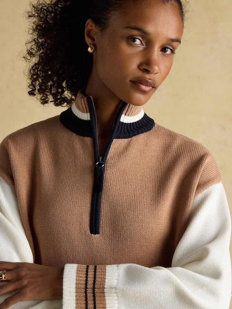 Varsity Brown/Cream Colourblock Quarter Zip Cotton Jumper