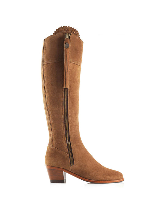 The Regina Women's Tall Heeled Boot - Tan Suede, Sporting Calf