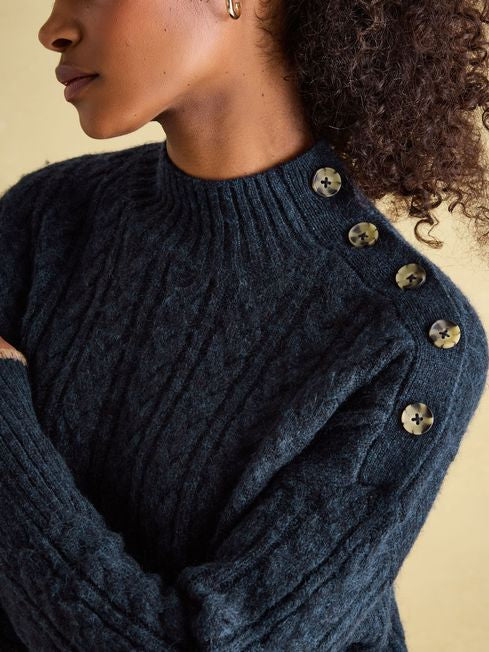 Betsy
Navy Button Shoulder Cable Jumper
