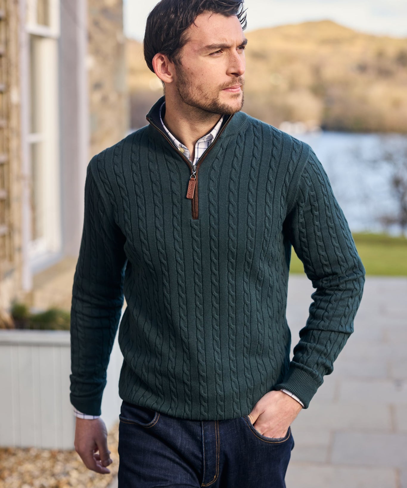 Calton Cotton Cashmere Cable Quarter Zip Jumper Botanical Green