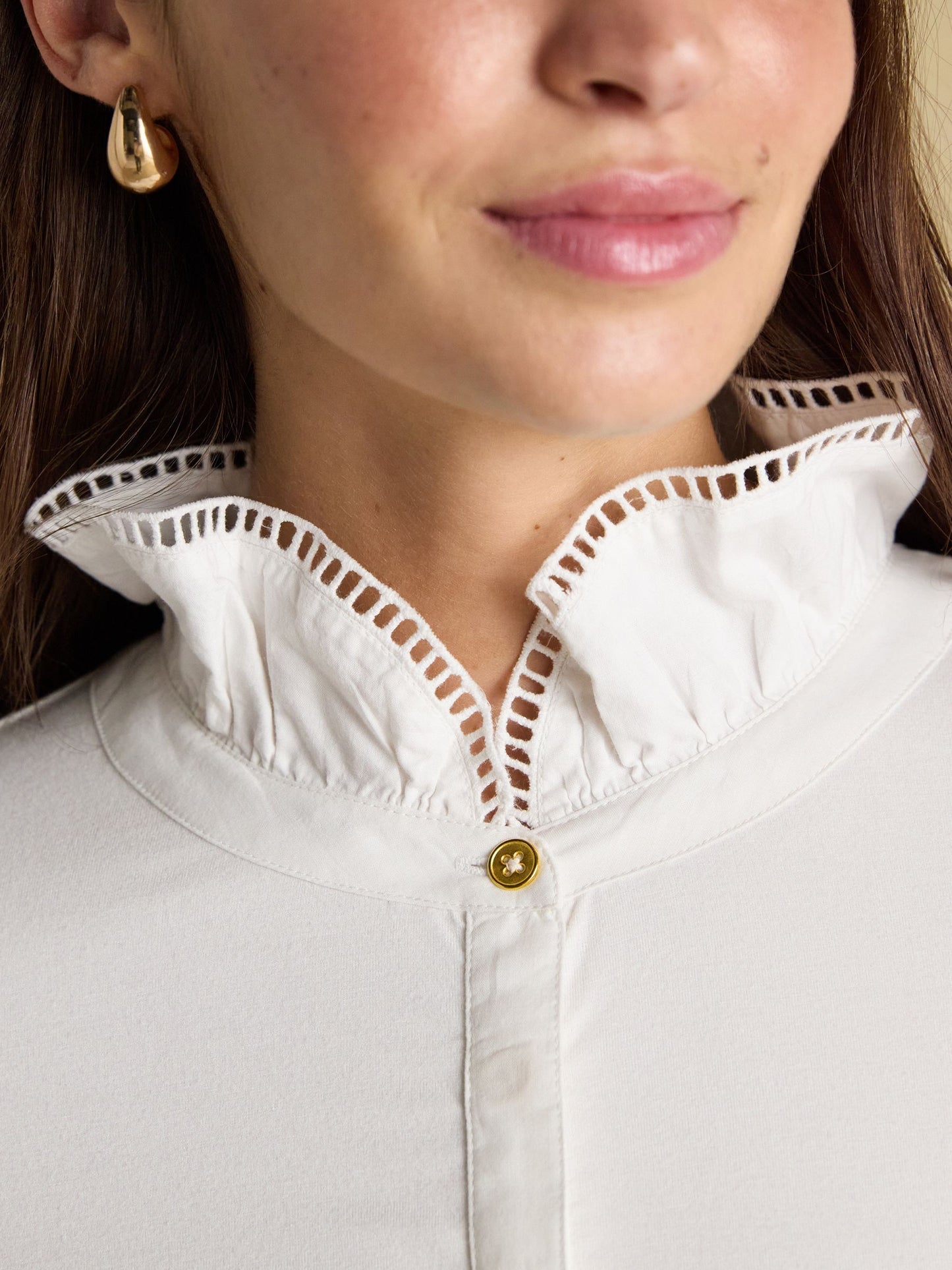 Kate White Long Sleeve Frilled Neck Top