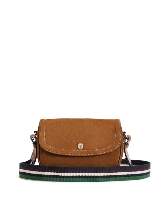 Boston Women’s Saddle Bag - Tan Suede & Striped Webbing