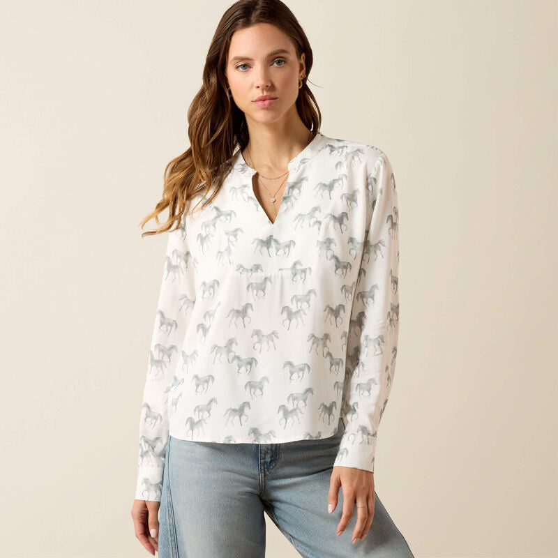 Thornbeck Blouse Grey Horse Print