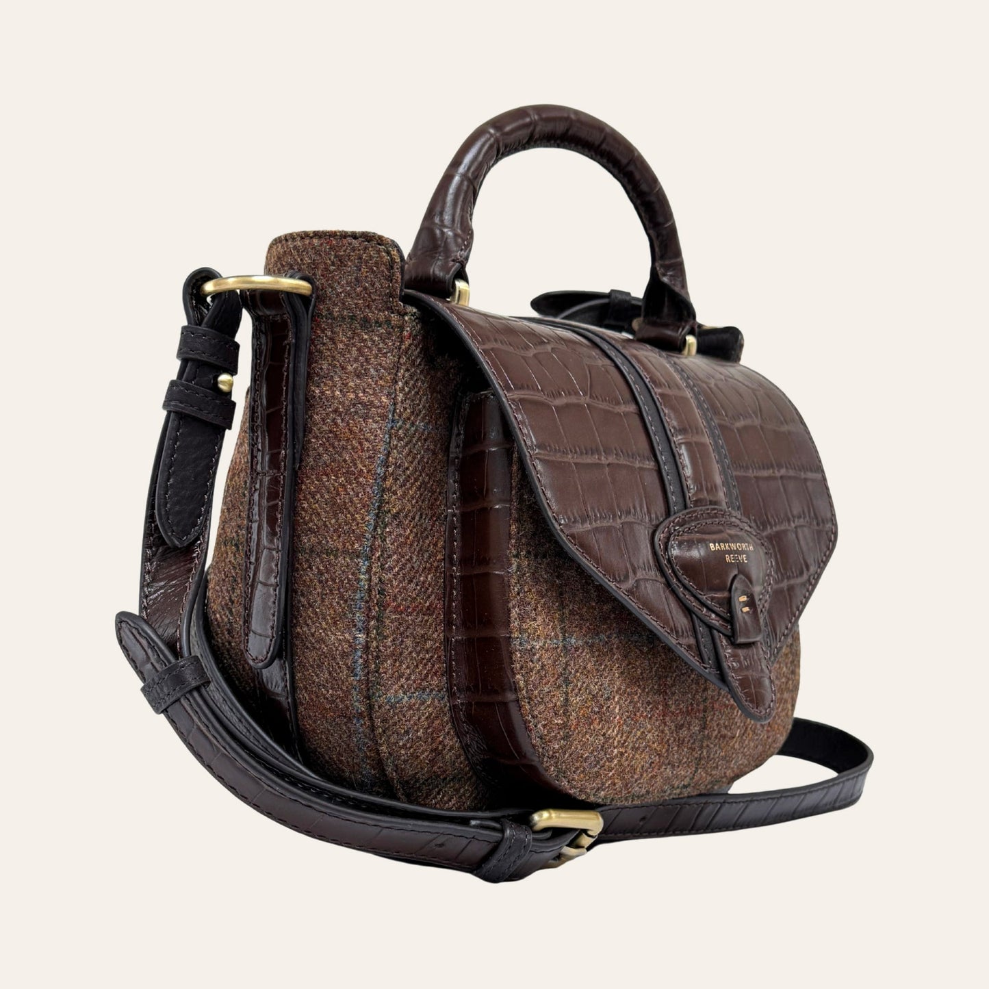 Belton Dark Tweed & Chocolate Brown Croc Leather Saddle Bag