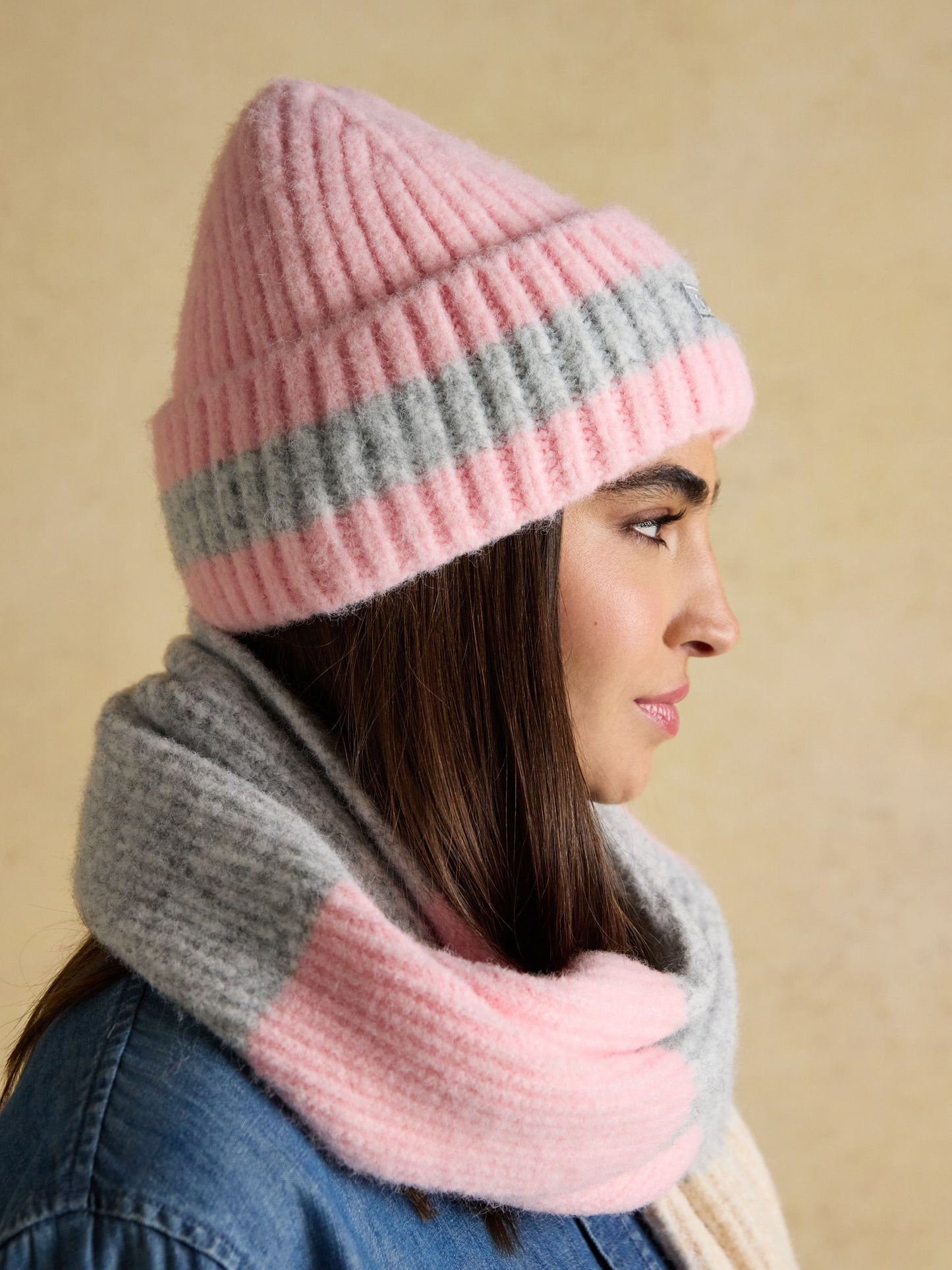 Popley Pink Grey Stripe Beanie