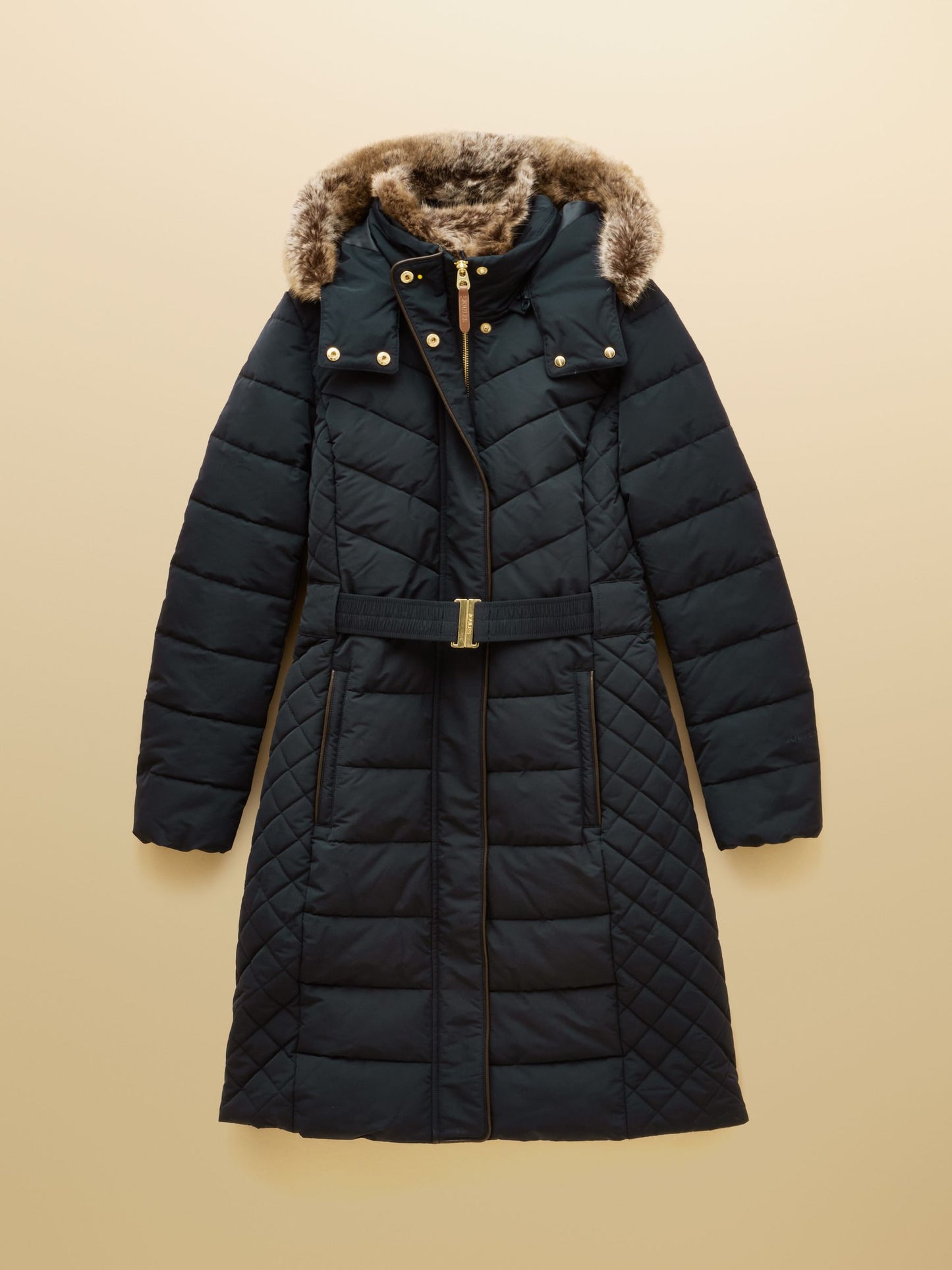 Aspen Navy Showerproof Longline Padded Coat with Faux Fur Hood