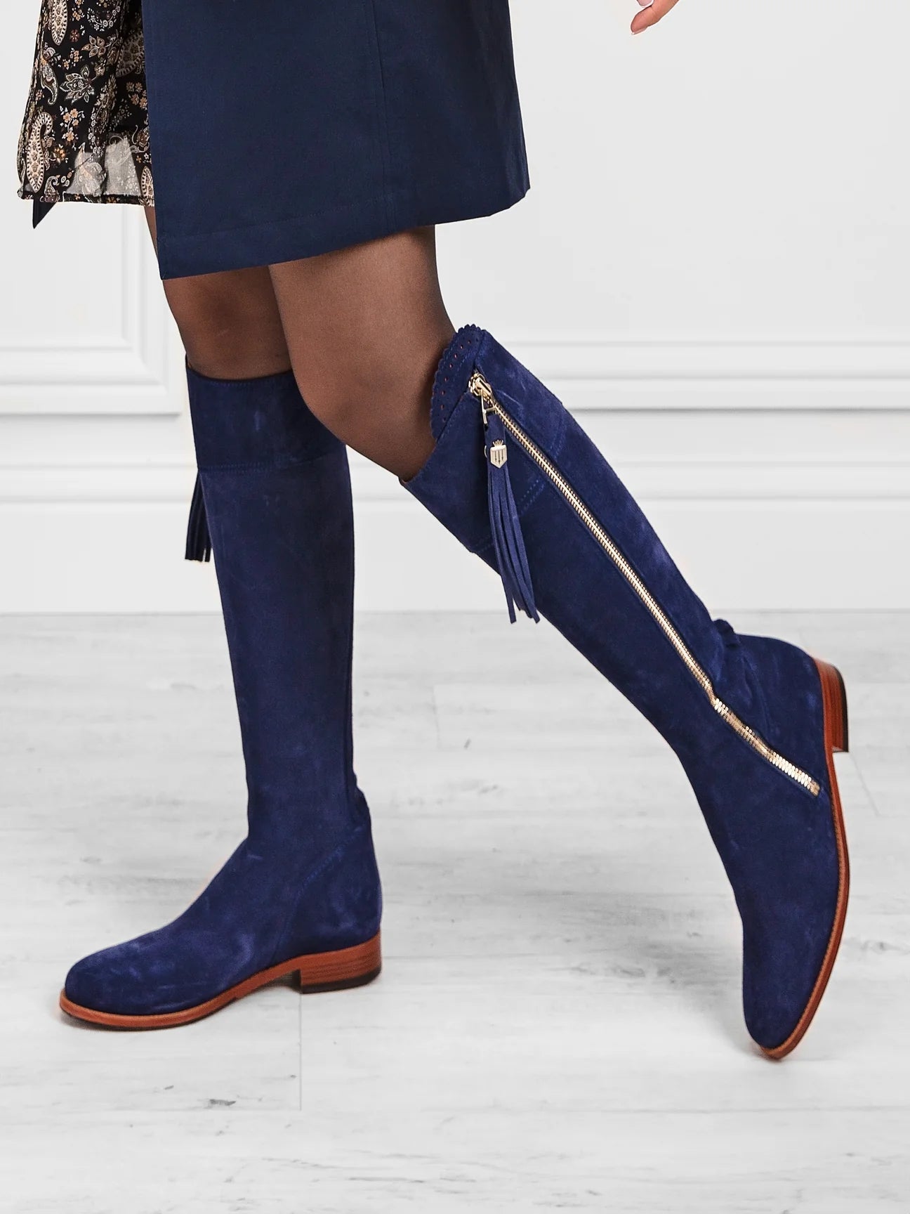 The Regina
Women's Tall Boot - Ink Suede, Narrow Calf