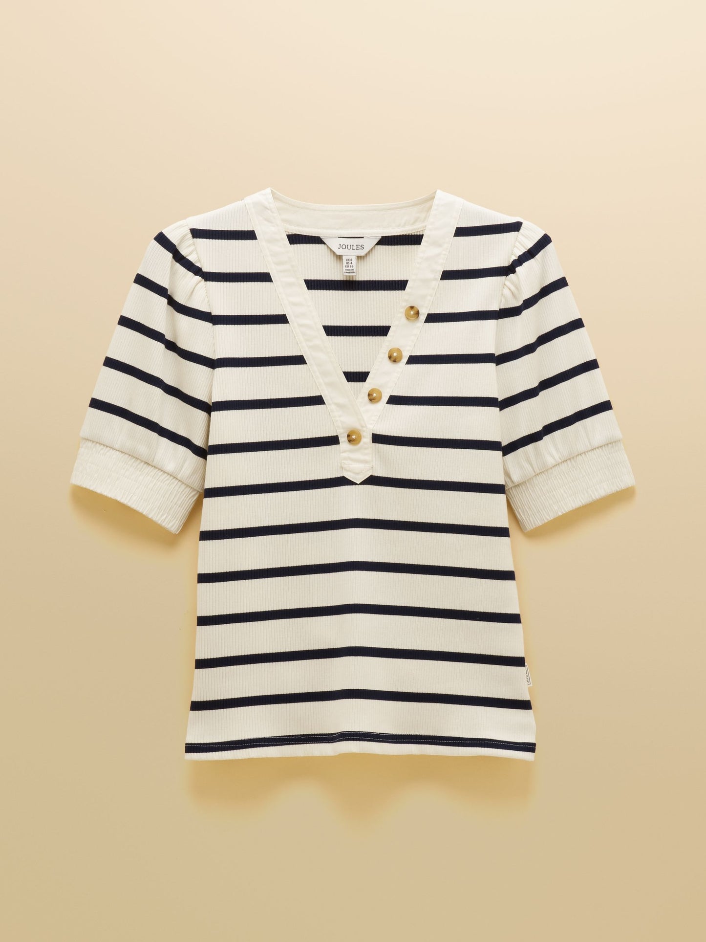 Tabitha Navy Stripe Ribbed V-Neck Jersey Top with Puff Sleeves