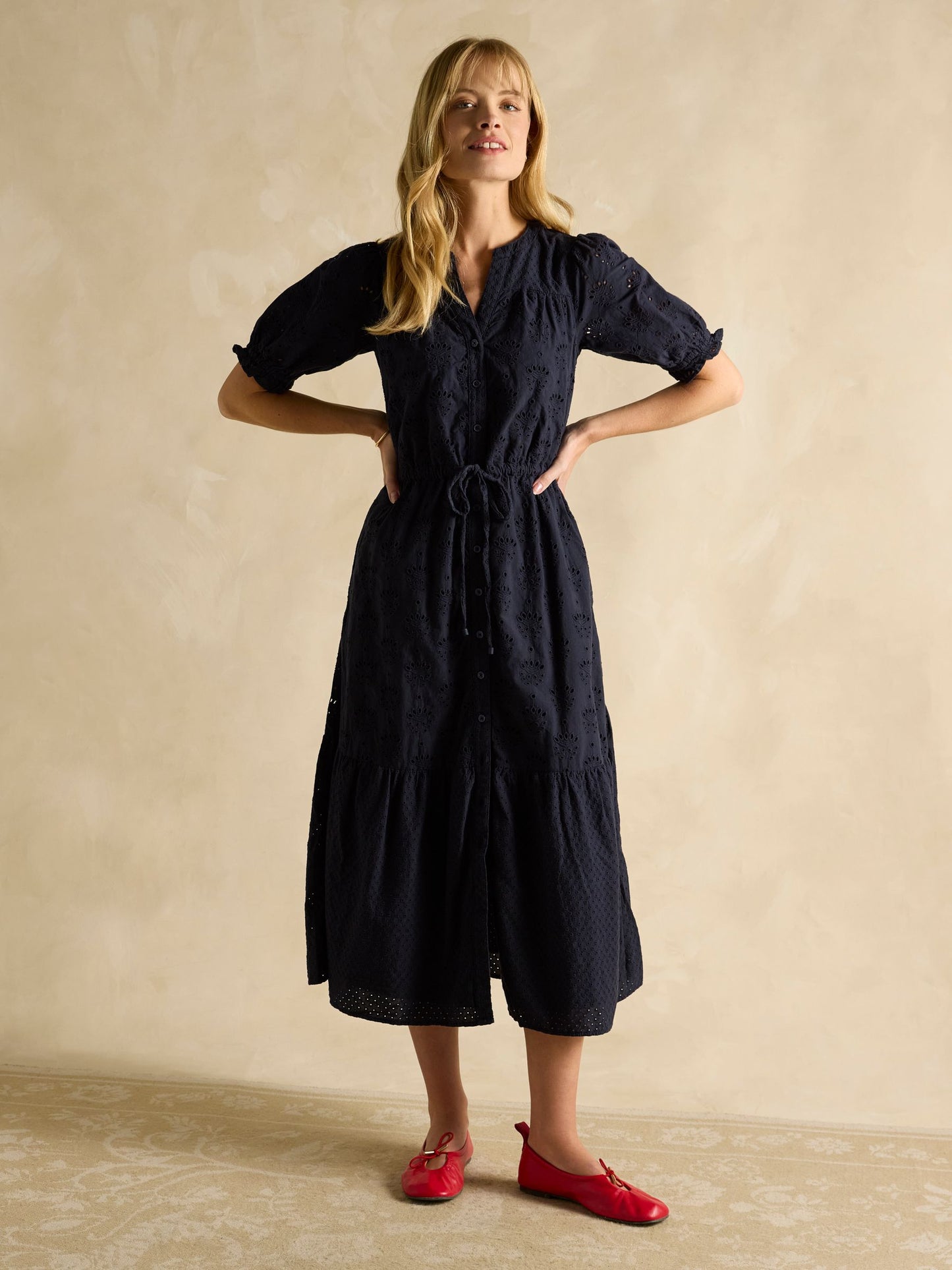 Juliana Navy Broderie Midi Dress