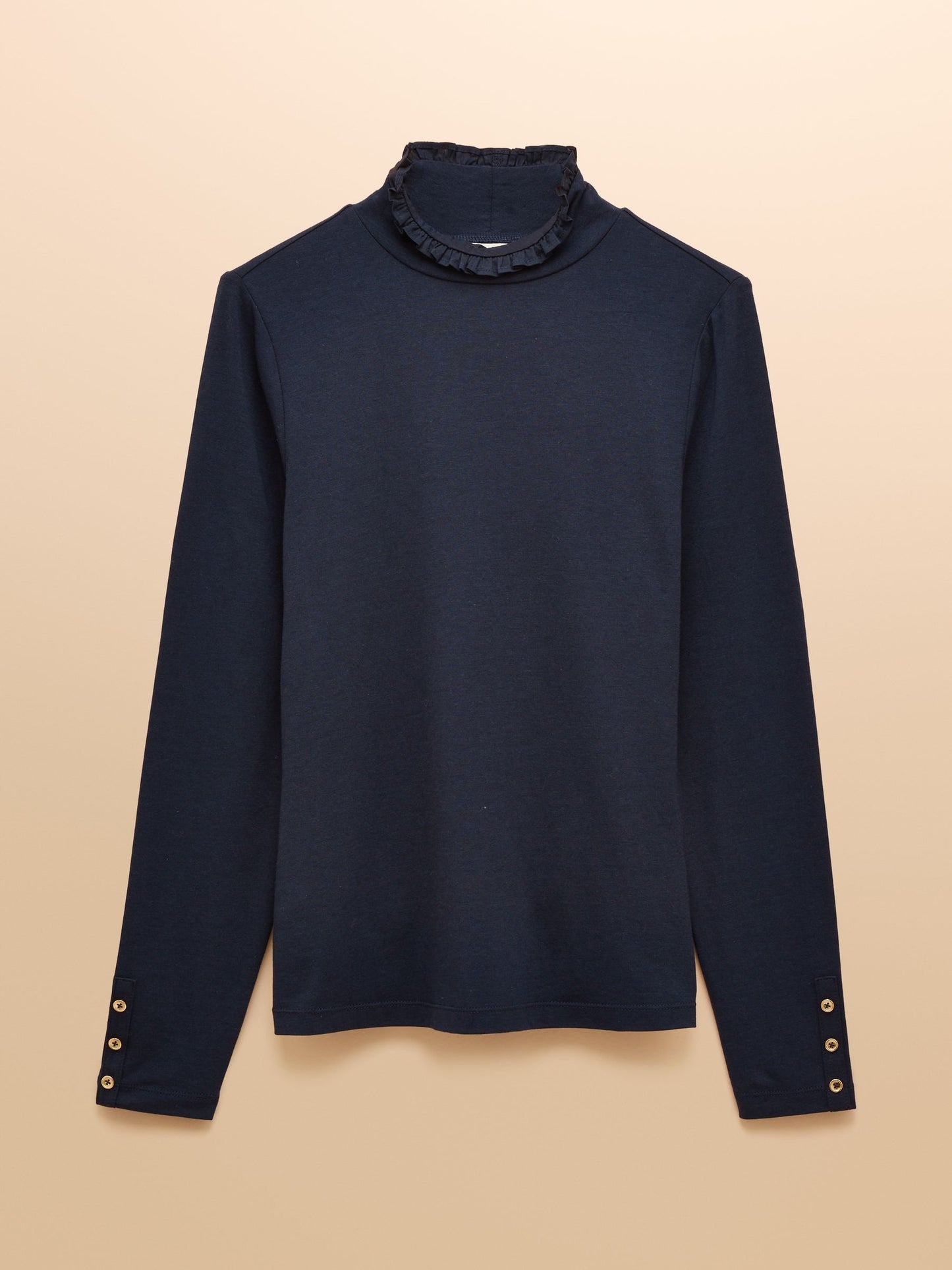 Amy Navy Long Sleeve High Frill Neck Jersey Top