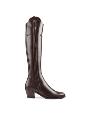 The Regina Women's Tall Heeled Boot - Mahogany Leather, Narrow Calf