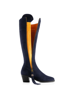 The Regina Women's Tall Heeled Boot - Navy Blue Suede, Narrow Calf