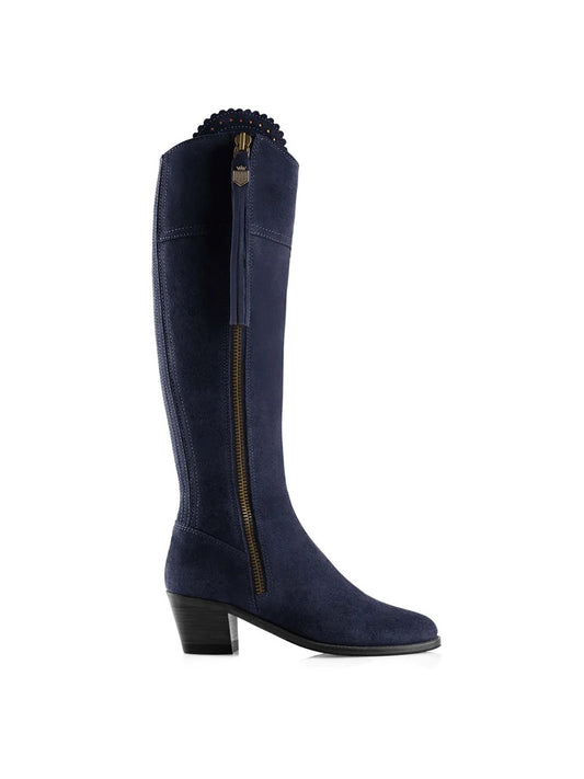 The Regina Women's Tall Heeled Boot - Navy Blue Suede, Sporting Calf