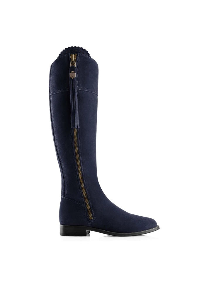The Regina Women's Tall Boot - Navy Blue Suede, Sporting Calf