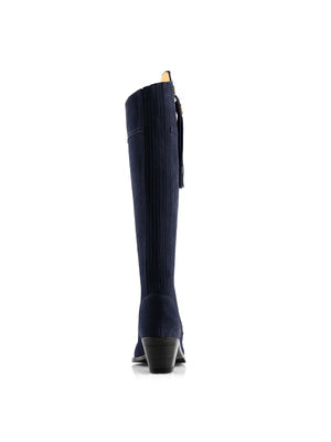 The Regina Women's Tall Heeled Boot - Navy Blue Suede, Narrow Calf