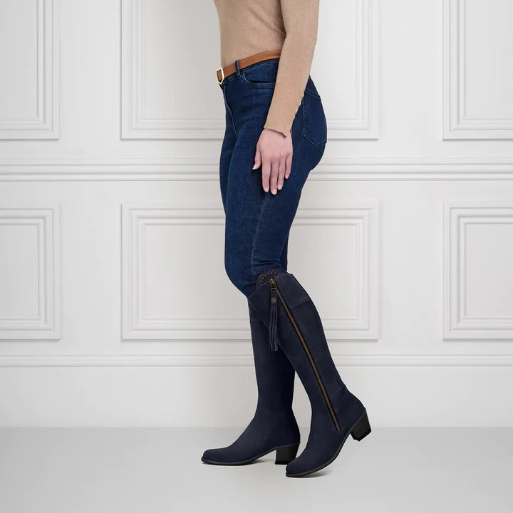 The Regina Women's Tall Heeled Boot - Navy Blue Suede, Sporting Calf