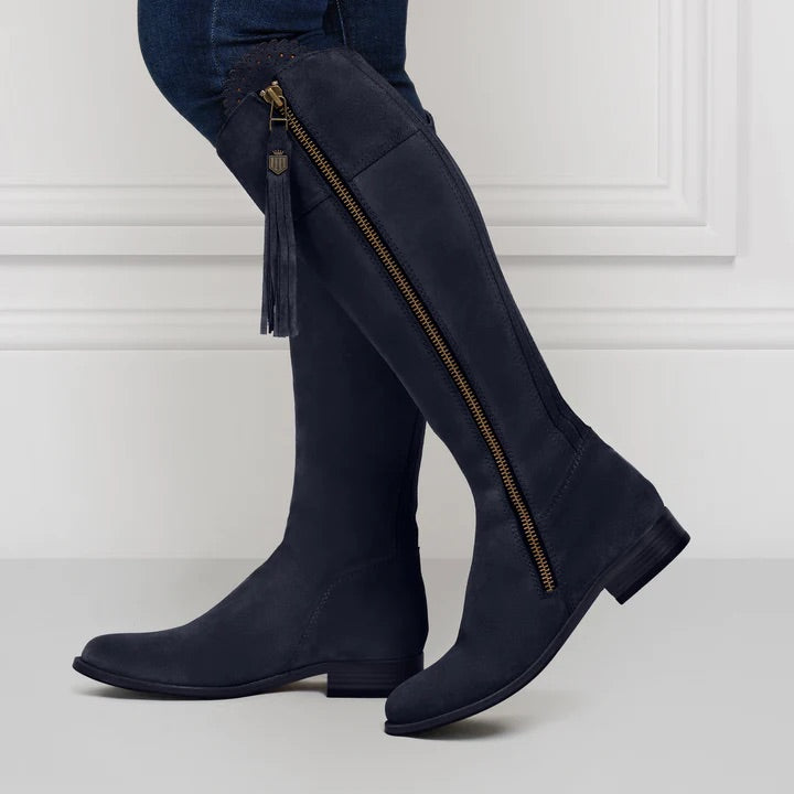 The Regina Women's Tall Boot - Navy Blue Suede, Sporting Calf