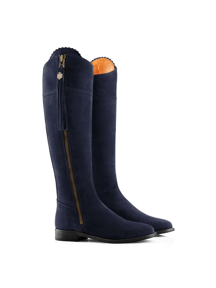 The Regina Women's Tall Boot - Navy Blue Suede, Sporting Calf