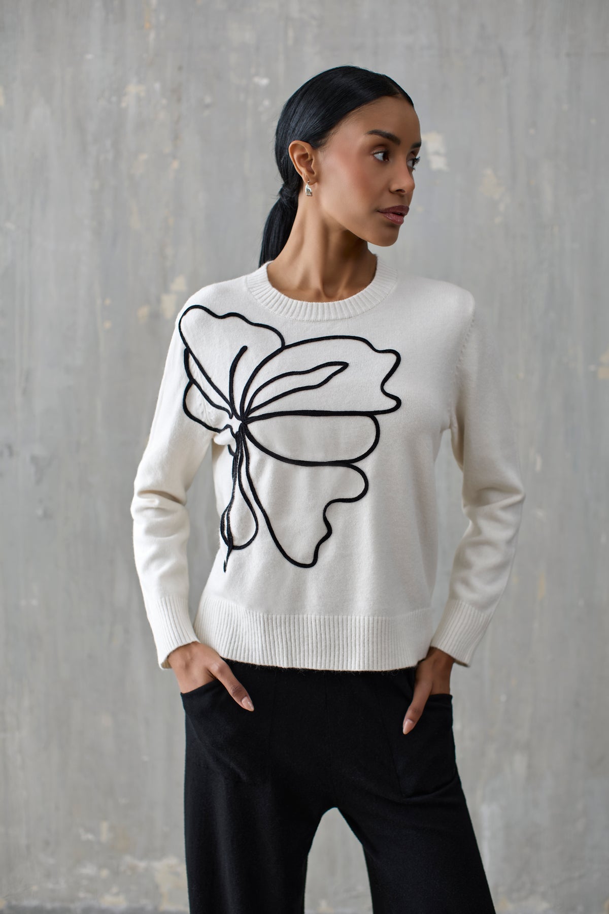 Abstract Floral Knit Sweater White