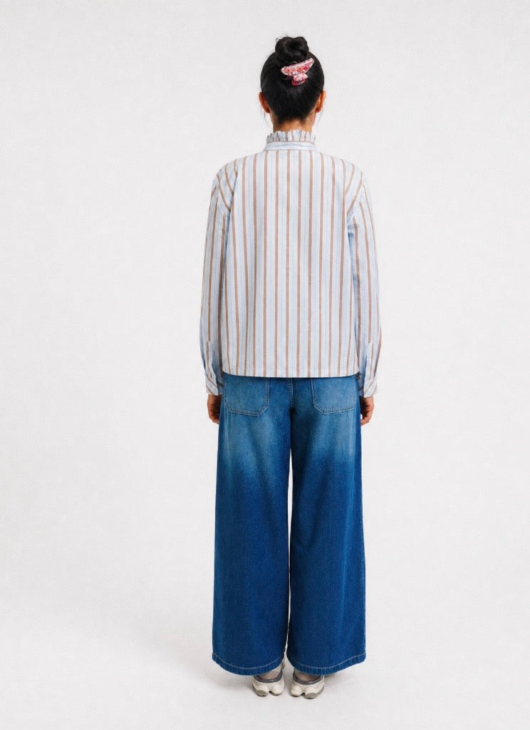 Striped Ruffle Blouse Light Blue Print