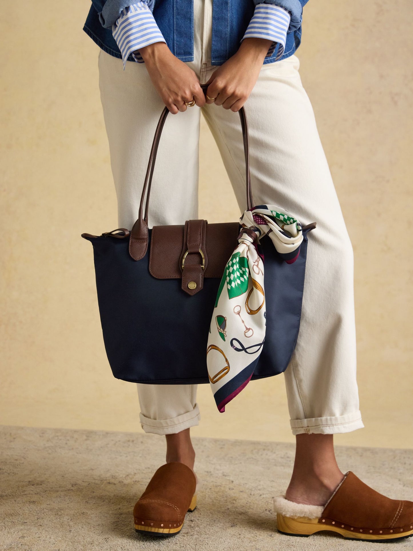 Elsie cream navy equestrian silk scarf