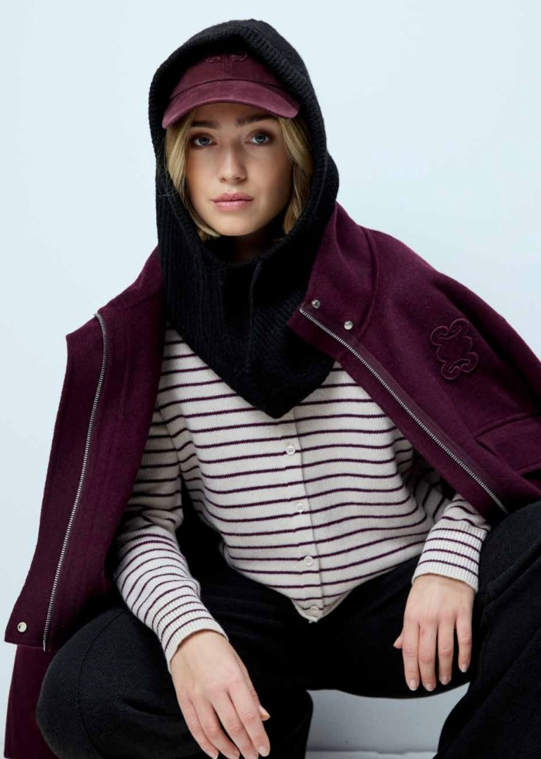 Striped Round Neck Cardigan Plum Print