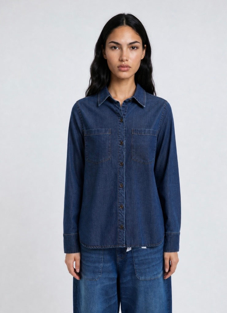 Lyocell Denim Shirt Collar Blouse Dark Denim
