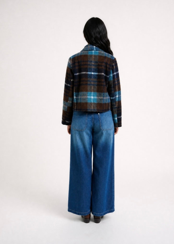 Check Cropped Jacket Marine Print