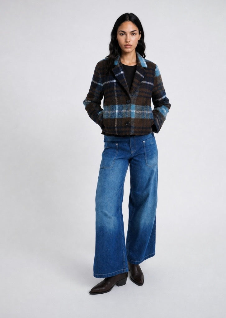 Check Cropped Jacket Marine Print