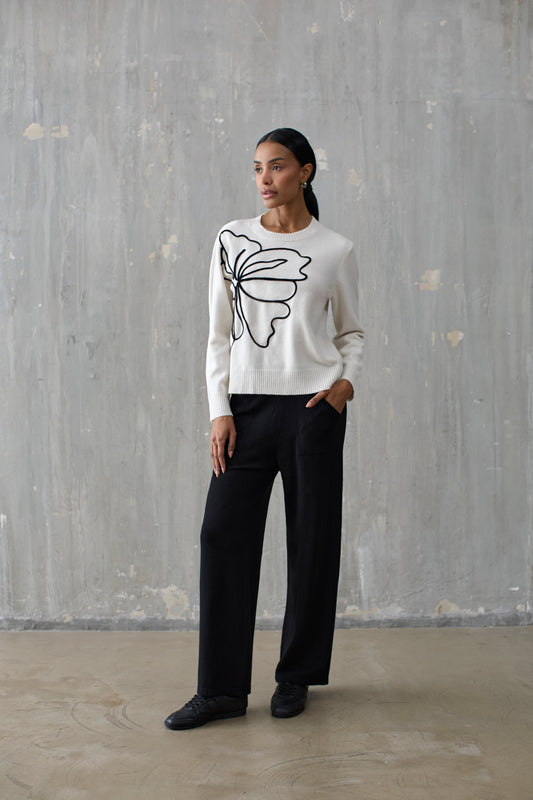 Abstract Floral Knit Sweater White