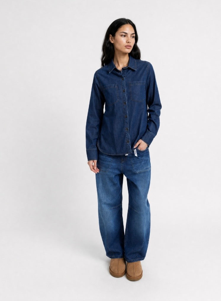 Lyocell Denim Shirt Collar Blouse Dark Denim
