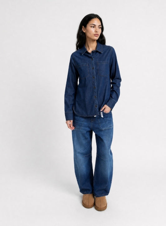 Lyocell Denim Shirt Collar Blouse Dark Denim