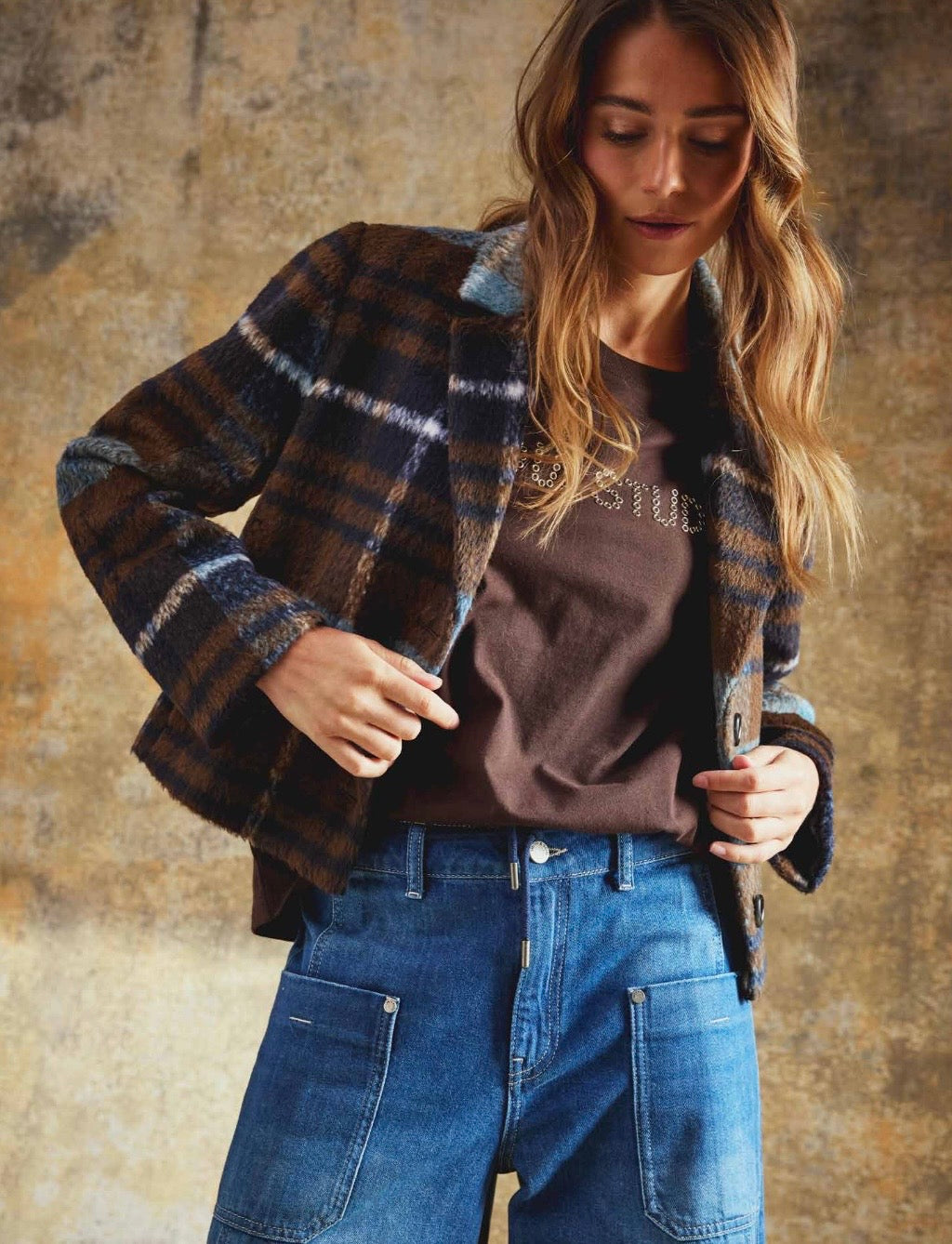 Check Cropped Jacket Marine Print